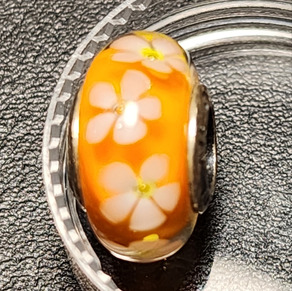 Retired Pandora Tropical Flower Orange Murano Glass Charm